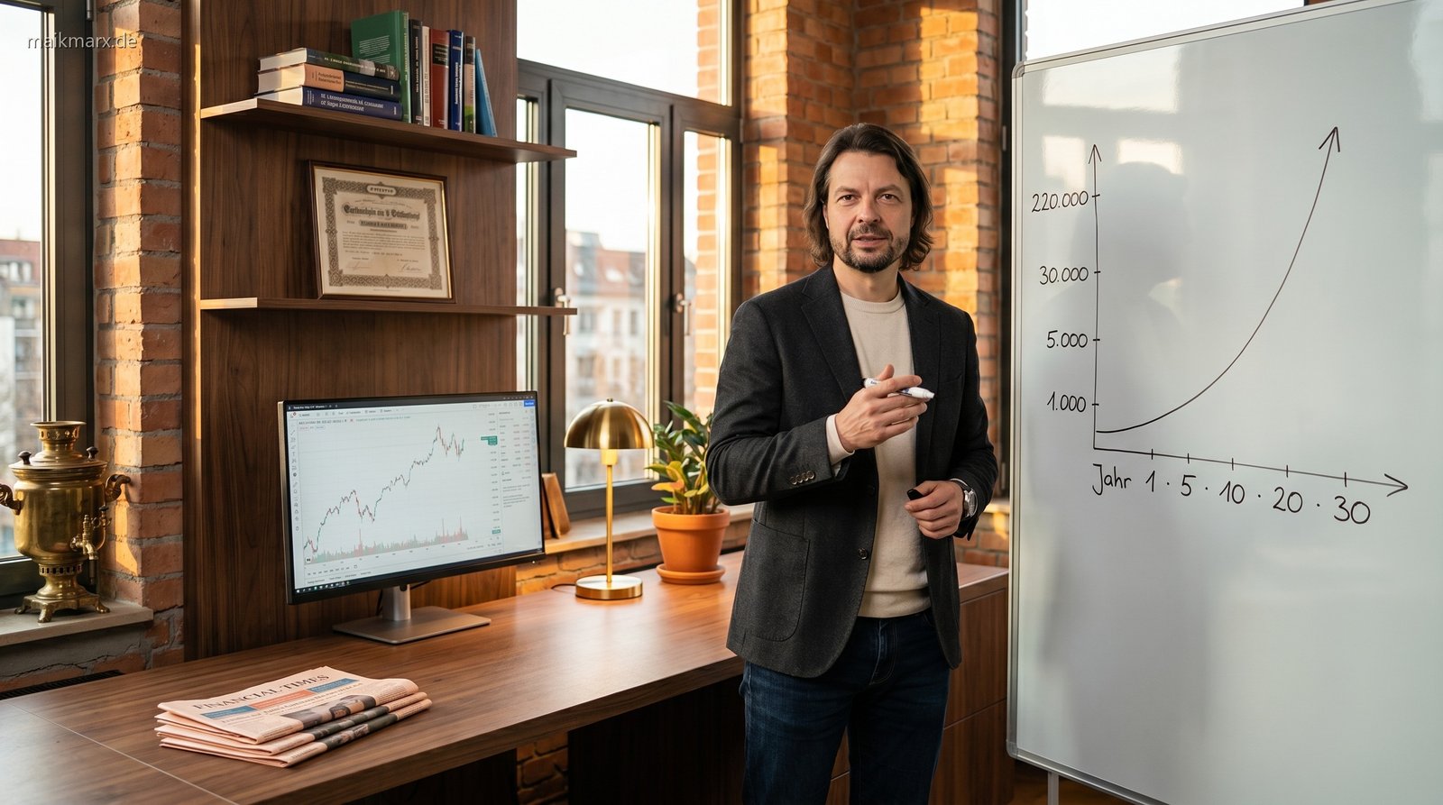 Maik Marx erklärt den Zinseszins-Effekt am Whiteboard im Berliner Finanzstudio