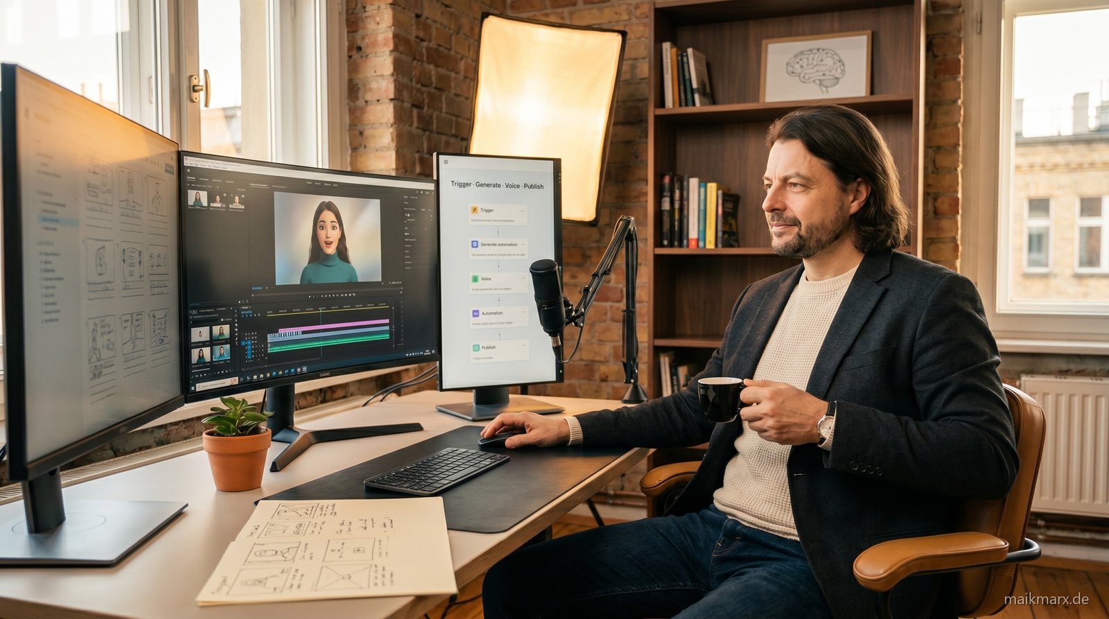 Maik Marx beim Bauen des Lia-Avatars im Berliner Studio mit Multi-Monitor-Setup und Workflow-Visualisierung